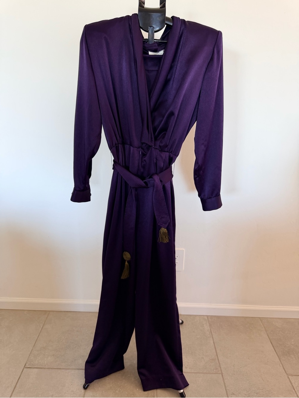 Liz Claiborne Deep Purple Satin Jumpsuit with Tassel Belt